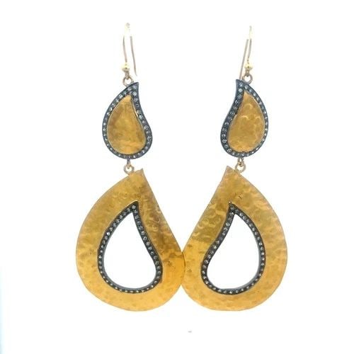 DIAMOND GOLD LONG EARRINGS 18K YELLOW SILVER HAMMERED TEARDROP DANGLE STYLE (1 of 2)
