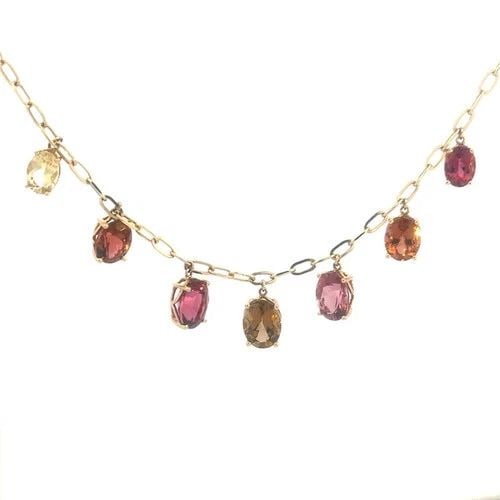 GOLD GEMSTONE NECKLACE 14K YELLOW OVAL GEMESTONES CHAIN DANGLE CHARMS: GOLD GEMSTONE NECKLACE 14K YELLOW OVAL GEMESTONES CHAIN DANGLE CHARMS The gemstone necklace is a lovely piece of fine jewelry featuring an oval shape colored stones in a vibrant pink yellow and orange