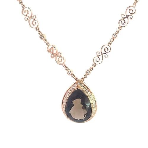 DIAMOND PENDANT ROSE GOLD PEARL SMOKY QUARTZ 14K SCROLL LINK CHAIN: DIAMOND PENDANT ROSE GOLD PEARL SMOKY QUARTZ 14K SCROLL LINK CHAIN This beautiful pendant and chain necklace is crafted from 14k rose gold with yellow gold lobster clasp. The chain has lovely scroll l
