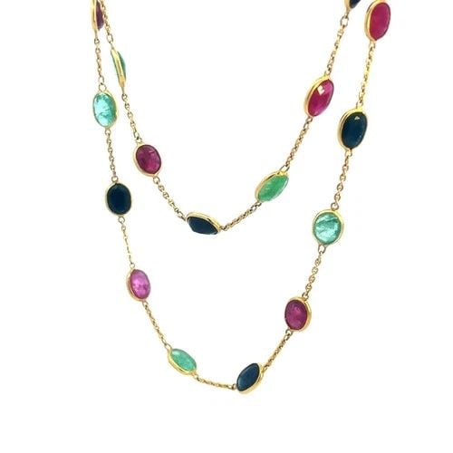 RUBY SAPPIRE EMERALD GOLD NECKLACE 16K YELLOW OVAL SET BY THE YARD STYLE (1 of 2)