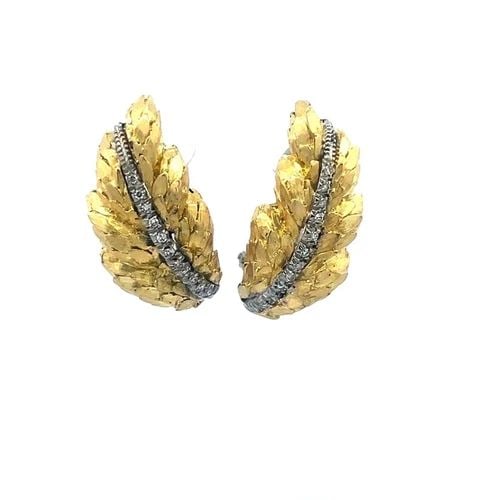 DIAMOND GOLD EARRINGS 18K YELLOW LEAF HUGGIE STYLE ITALY (1 of 2)