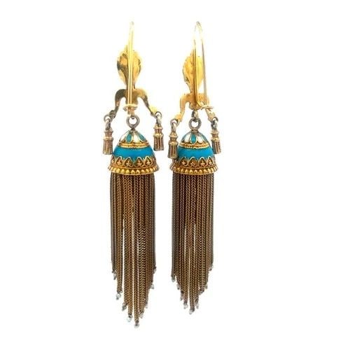 GOLD ENAMEL VICTORIAN EARRINGS 14K YELLOW DANGLE MULTI-CHAIN TASSEL STYLE: GOLD ENAMEL VICTORIAN EARRINGS 14K YELLOW DANGLE MULTI-CHAIN TASSEL STYLE This beautiful pair of earrings are from the Victorian Era, crafted from 14k yellow gold featuring a foliate floral top motif 