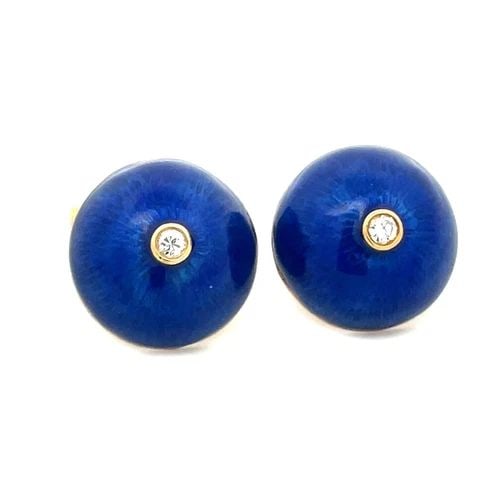 6870 DIAMOND ENAMEL GOLD CUFFLINKS 18K YELLOW DOME SHAPE ESTATE: 6870 DIAMOND ENAMEL GOLD CUFFLINKS 18K YELLOW DOME SHAPE ESTATE This handsome pair of cufflinks are crafted from 18k yellow gold featuring flex whale backs with cobalt blue enamel and the front has a 