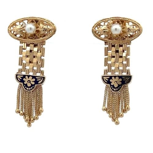 ESTATE 14K YELLOW GOLD PEARL ENAMEL OVAL TOP TASSEL DANGLE EARRINGS: ESTATE 14K YELLOW GOLD PEARL ENAMEL OVAL TOP TASSEL DANGLE EARRINGS These lovely earrings are crafted from 14k yellow gold featuring an oval shape top with floral design and a white pearl set in the c