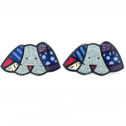 BRITTO X OC GOLD DOG HEAD CUFFLINKS 18K WHITE ENAMEL & GEMS: BRITTO X OC GOLD DOG HEAD CUFFLINKS 18K WHITE ENAMEL & GEMS This is an authentic charming pair of cufflinks by Romero Britto, it is crafted from 18k solid white gold featuring an adorable Basset Hound