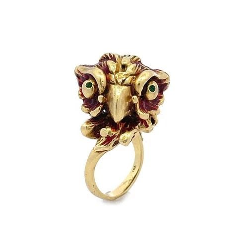 VINTAGE 18K YELLOW GOLD ENAMEL 3D OWL RING (1 of 2)