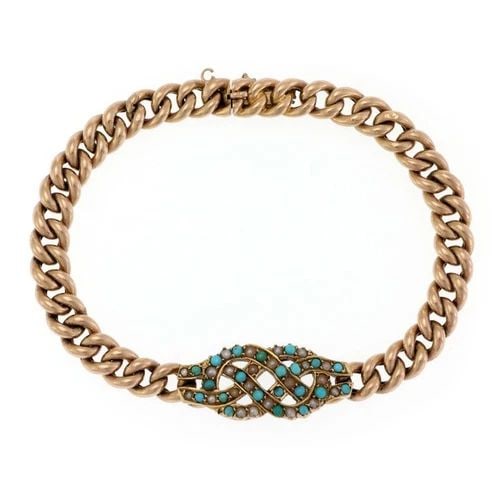 VICTORIAN TURQUOISE SEED PEARLS 15K ROSE GOLD KNOT CHARM BRACELET LIQUIDATION (1 of 2)