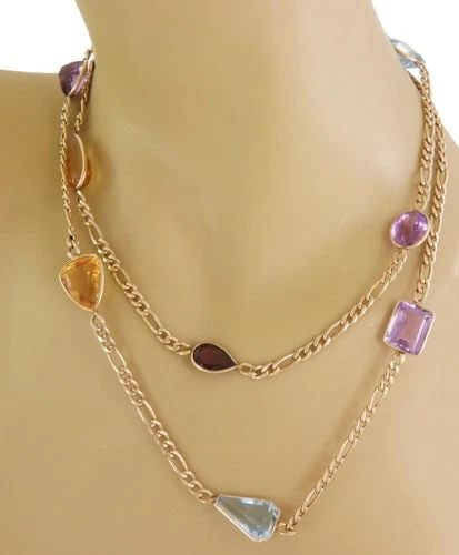 MULTICOLOR NECKLACE GEM MOTIF 14K YELLOW GOLD FIGARO LINK 36" (1 of 2)