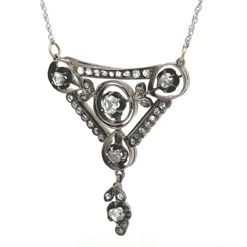 VINTAGE ROSE CUT DIAMOND SILVER AND GOLD TWO TONE GOLD DANGLE PENDANT & CHAIN: VINTAGE ROSE CUT DIAMOND SILVER AND GOLD TWO TONE GOLD DANGLE PENDANT & CHAIN This is a beautiful vintage triangle shape dangle pendant and chain. It is crafted in Silver and gold white gold featuring