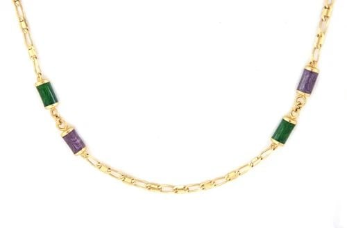 CYLINDER ENAMEL 18K CHAIN PURPLE GREENYELLOW GOLD: CYLINDER ENAMEL 18K CHAIN PURPLE GREENYELLOW GOLD Elegant Purple Green Enamel Cylinder Motifs 18k Yellow Gold Chain Description This elegant necklace is crafted from 18k yellow gold with a slim figaro