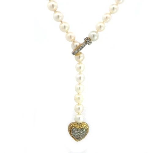 DIAMOND PEARLS GOLD NECKLACE LARIAT STYLE 18K TWO TONE HEART PENDANT: DIAMOND PEARLS GOLD NECKLACE LARIAT STYLE 18K TWO TONE HEART PENDANT This lovely diamond and pearls gold necklace is a fine piece of jewelry that features a unique lariat style with a diamond snap clo
