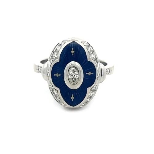 FABERGÉ DIAMOND GOLD RING GUILLOCHE ENAMEL OVAL 18K WHITE GERMANY LTD ED.: FABERGÉ DIAMOND GOLD RING GUILLOCHE ENAMEL OVAL 18K WHITE GERMANY LTD ED. Authentic from Fabergé, this lovely oval top ring is crafted from 18k white gold featuring a floral shape diamond bezel with