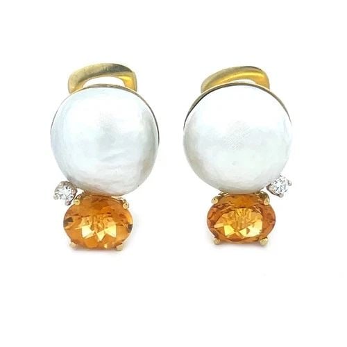 DIAMOND PEARLS GOLD EARRINGS 18K YELLOW CITRINE POST CLIP 14K BACKS (1 of 2)