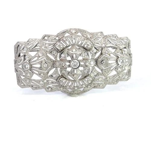 ART DECO DIAMOND PLATINUM BROOCH LARGE OPEN FILIGREE DESIGN (1 of 2)