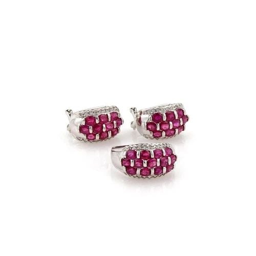 ESTATE EARRINGS & RING SET 6.60CT RUBY & DIAMOND 18K WHITE GOLD (1 of 2)