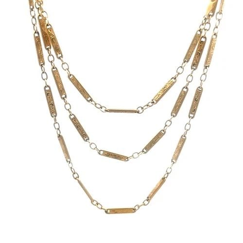 VICTORIAN GOLD NECKLACE 14K YELLOW ETCHED SCROLLS BAR LINK STYLE 31"L: 7117 VICTORIAN GOLD NECKLACE 13-14K YELLOW ETCHED SCROLLS BAR LINK STYLE 31"L This Victorian gold necklace is a vintage piece crafted from 13-14k yellow gold. It features intricate etched scrolls on b