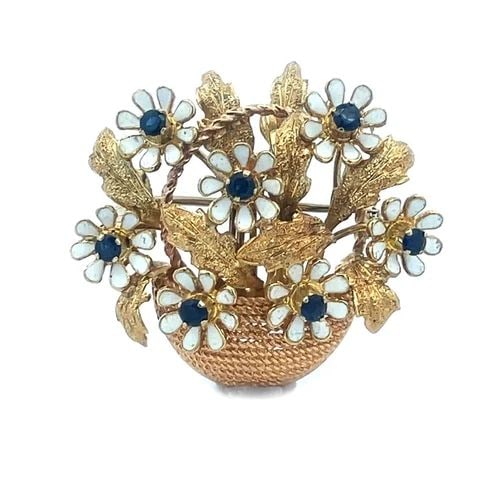 MERRIN GOLD ENAMEL BROOCH SAPPHIRE 18K YELLOW ITALY FLOWER BASKET (1 of 2)