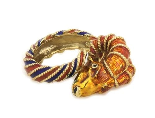 ESTATE 18K YELLOW GOLD ENAMEL HERAKLEIOS RAM HEAD BYPASS RING LIQUIDATION!: ESTATE 18K YELLOW GOLD ENAMEL HERAKLEIOS RAM HEAD BYPASS RING ! Estate 18k Yellow Gold Enamel Herakleios Ram Head Bypass Ring ! Description This is a detailed design Herakleios Ram's head ring, crafte