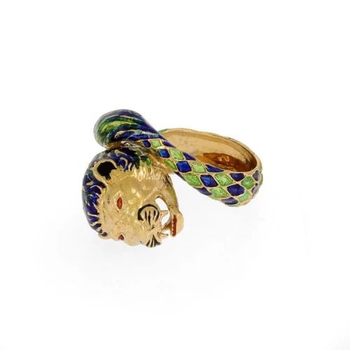 ESTATE 18K YELLOW GOLD ENAMEL LION HEAD BYPASS RING SIZE 5 LIQUIDATION (1 of 2)