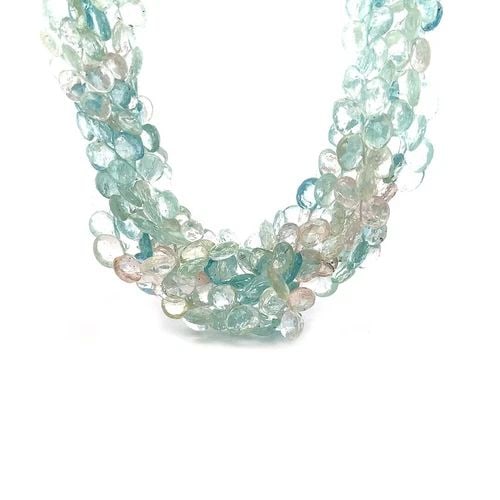 AQUAMARINE GOLD TORSADE NECKLACE 18K WHITE 5 BRIOLETTE BEADS: AQUAMARINE GOLD TORSADE NECKLACE 18K WHITE 5 BRIOLETTE BEADS This is a gorgeous torsade necklace, it features 5 cluster strands with briolette cut aquamarine gemstones in light and medium blue colors.