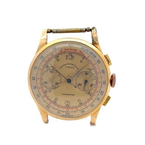 CHRONOGRAPHE SUISSE MEN'S WATCH 37MM 18K ROSE GOLD ANTIMAGNETIC 17RBIES: CHRONOGRAPHE SUISSE MEN'S WATCH 37MM 18K ROSE GOLD ANTIMAGNETIC 17RBIES This handsome 1950's watch is crafted from 18k rose gold. The lug pins are included. Chronograph with 2 sub-dials manual wind wi