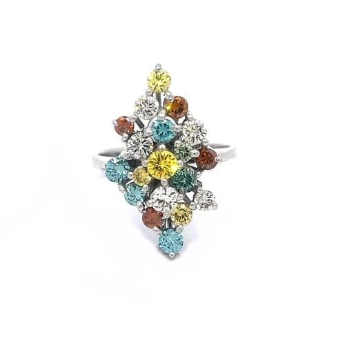 DIAMOND 14K WHITE GOLD CLUSTER RING COLORED DIAMONDS 1 CARAT: DIAMOND 14K WHITE GOLD CLUSTER RING COLORED DIAMONDS 1 CARAT This lovely cluster stone ring is crafted from 14k white gold, it has the classic long design with pointed ends and high prong set colored 