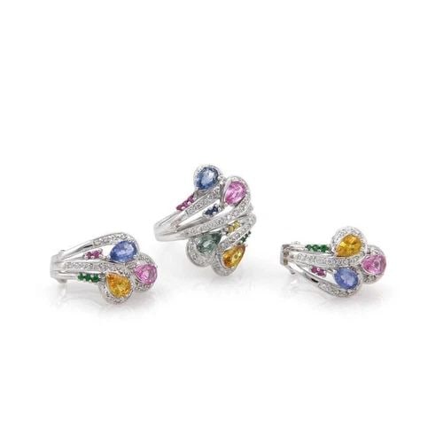 GOLD DIAMOND MULTICOLOR SAPPHIRE 14K FANCY EARRINGS & RING SET (1 of 2)