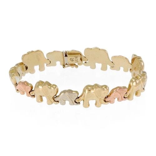 CHASING ELEPHANT LINK BRACELET 14K TRICOLOR GOLD: CHASING ELEPHANT LINK BRACELET 14K TRICOLOR GOLD Wide 14k Tricolor Gold Chasing Elephant Link Bracelet Description This is a beautiful adorable flex link bracelet, it is crafted from 14k yellow rose a