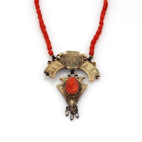 EDWARDIAN 14KT YELLOW GOLD FIRE CORAL CAMEO PENDANT BEAD NECKLACE LIQUIDATION (1 of 2)