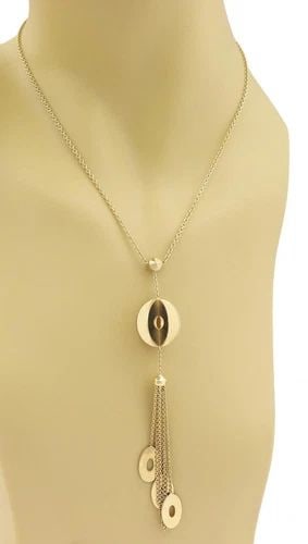 LARIAT NECKLACE 14K YELLOW GOLD GEOMETRIC TASSEL PENDANT: 14k Yellow Gold Geometric Tassel Pendant Lariat Necklace Description This lovely necklace is crafted from 14k yellow gold with a polished finish. The pendant and chain is in a lariat style with a circ