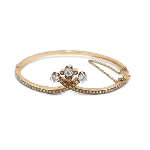 DIAMOND SEED PEARLS GOLD BRACELET 14K YELLOW VICTORIAN HINGED CROWN BANGLE (1 of 2)