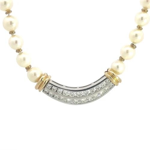 DIAMOND PEARLS GOLD PENDANT NECKLACE 14K TWO TONE EAST WEST STYLE: DIAMOND PEARLS GOLD PENDANT NECKLACE 14K TWO TONE EAST WEST STYLE Elevate your jewelry collection with the diamonds and pearls 14k yellow and white gold necklace, a timeless piece that exudes sophisti