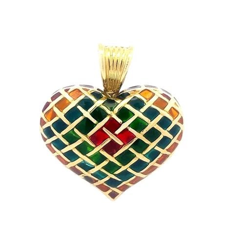 GOLD ENAMEL PUFFED HEART PENDANT 18K YELLOW MULTICOLOR CHECKERBOARD STYLE: GOLD ENAMEL PUFFED HEART PENDANT 18K YELLOW MULTICOLOR CHECKERBOARD STYLE This gorgeous vintage pendant is crafted from 18k yellow gold featuring a hallowed puffed shape curved heart with checkerboard