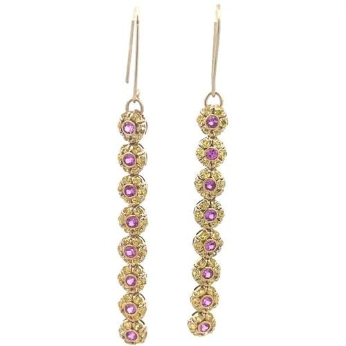 GEMSTONES GOLD DANGLE EARRINGS 14K YELLOW PINK & YELLOW LONG FLORAL STYLE (1 of 2)