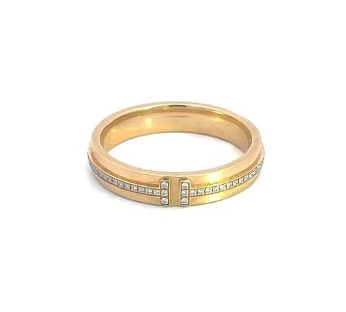 TIFFANY T NARROW DIAMOND BAND 18K YELLOW GOLD SIZE 10: The Tiffany T Narrow diamond band in 18k yellow gold, size 10, is a luxurious and elegant ring perfect for special occasions such as weddings, anniversaries, and birthdays. The natural white round dia