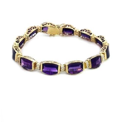 DIAMOND AMETHYST GOLD BRACELET 14K YELLOW FILIGREE TONNEAU LINKS (1 of 2)