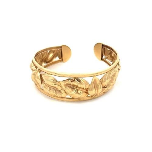 14K YELLOW GOLD LEAF DESIGN OPEN STYLE CUFF BRACELET: 14K YELLOW GOLD LEAF DESIGN OPEN STYLE CUFF BRACELET This is a lovely estate cuff bracelet; it is crafted from 14k yellow gold. The front of the band is 21mm wide with polished piping along the edge, 