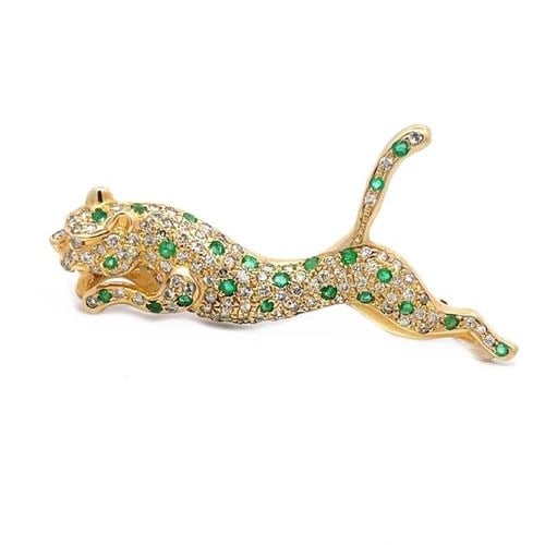 DIAMOND EMERALD PANTHER BROOCH 14K YELLOW GOLD FULL FIGURE (1 of 2)
