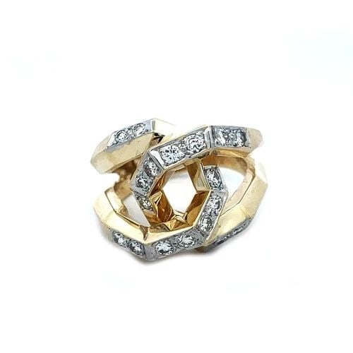 DIAMOND GOLD INTERLACED RING 14K TWO TONE SPLIT SHANK ARCHITECTURAL STYLE: DIAMOND GOLD INTERLACED RING 14K TWO TONE SPLIT SHANK ARCHITECTURAL STYLE This is a unique style contemporary interlocking geometric link ring; it is a stunning piece of fine jewelry featuring split s