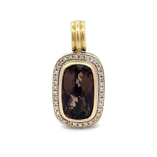DESIGNER DIAMOND SMOKY QUARTZ STERLING SILVER 18K YELLOW GOLD LONG PENDANT: DESIGNER DIAMOND SMOKY QUARTZ STERLING SILVER 18K YELLOW GOLD LONG PENDANT This pendant is crafted from sterling silver with 18k yellow gold accent, it is signed D.Y. The top center has a long oval sh