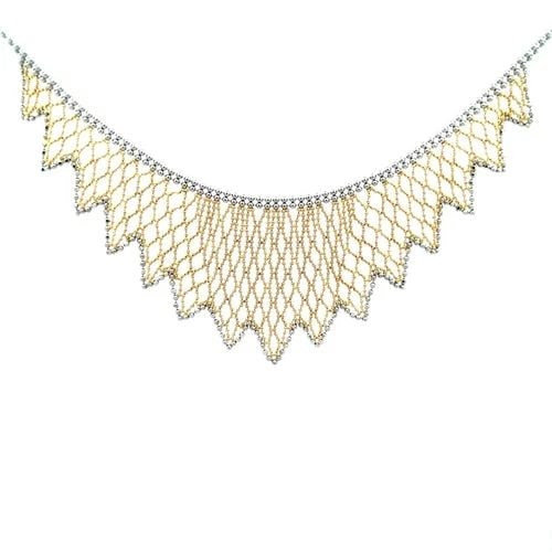 GOLD 18K BIB NECKLACE TWO TONE FINE BEADED DESIGN: GOLD 18K BIB NECKLACE TWO TONE FINE BEADED DESIGN This is a charming bib necklace, it is crafted from 18k yellow and white gold featuring the fringe style with fine double white gold bead chain and th