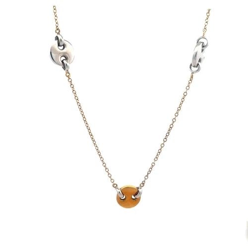 BOTTENE ITALIA GOLD NECKLACE 18K TWO TONE BUTTON MOTIFS CHAIN TOGGLE CLASP: BOTTENE ITALIA GOLD NECKLACE 18K TWO TONE BUTTON MOTIFS CHAIN TOGGLE CLASP This chic and fashionable necklace is crafted from 18k yellow and white gold featuring high polished alternating button motif