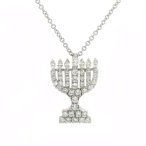 DIAMOND 18K GOLD MENORAH PENDANT 14K WHITE GOLD CHAIN NECKLACE: DIAMOND 18K GOLD MENORAH PENDANT 14K WHITE GOLD CHAIN NECKLACE This is a beautiful diamond pendant and chain necklace. The pendant features a menorah in 18k white gold full decorated with round cut di
