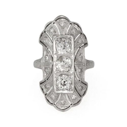 GOLD DIAMOND RING ART DECO LONG FLORAL RING 18K WHITE (1 of 2)