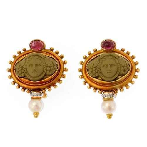 LAVA CAMEO EARRINGS 18K GOLD TOURMALINE DIAMOND PEARLS (1 of 2)