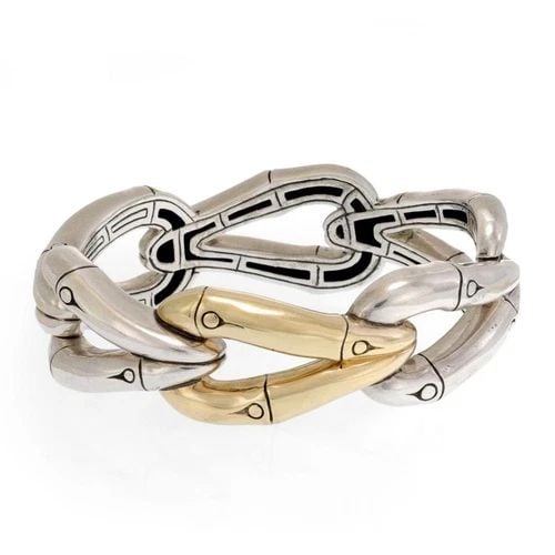 JOHN HARDY BAMBOO STERLING SILVER 18K GOLD LOOP LINK BRACELET LIQUIDATION: John Hardy Bamboo Sterling Silver 18k Gold Loop Link Bracelet Description This eye catching authentic bracelet is by John Hardy from his Bamboo Collection. Crafted from sterling silver with 18k yellow
