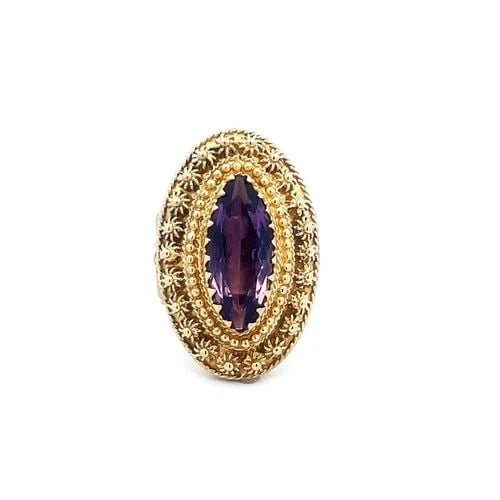 AMETHYST GOLD RING 13K YELLOW POISON/PILL BOX ETRUSCAN FLORAL COCKTAIL RING (1 of 2)