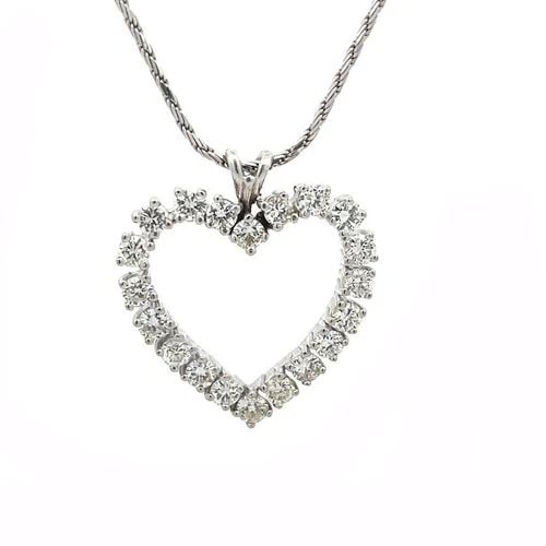 OPEN DIAMOND HEART PENDANT 2CT 14K WHITE GOLD NECKLACE VINTAGE: OPEN DIAMOND HEART PENDANT 2CT 14K WHITE GOLD NECKLACE VINTAGE This beautiful old fashion style pendant and chain are crafted from 14k white gold featuring an open heart with round cut prong set spark
