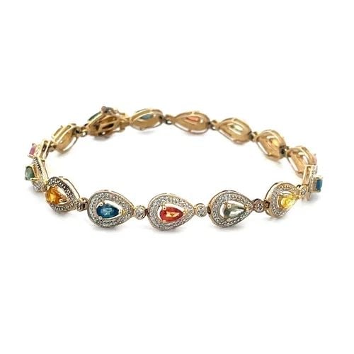 DIAMOND GOLD BRACELET 14K YELLOW MULTI-COLOR SAPPHIRE PEAR SHAPE LINKS: The gold bracelet features pear shaped links , it is crafted in 14k yellow gold with multi-color pear shaped sapphire accented with pring set diamonds . This elegant bracelet is perfect for special oc