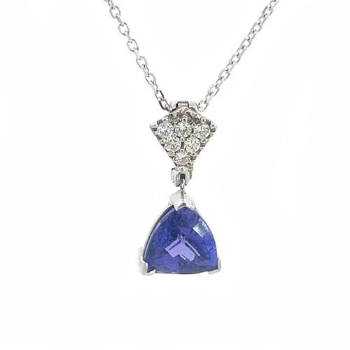 TANZANITE DIAMOND GOLD PENDANT DIAMOND 14K GOLD NECKLACE: TANZANITE DIAMOND GOLD PENDANT DIAMOND 14K GOLD NECKLACE This is a lovely pendant and chain necklace. The trillion-cut tanzanite is mounted in white gold and the trillion 14k white gold shape bail is 